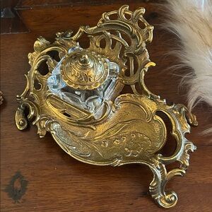 Vintage Virginia Metalcrafters Lily Of The Valley Brass Inkwell Set